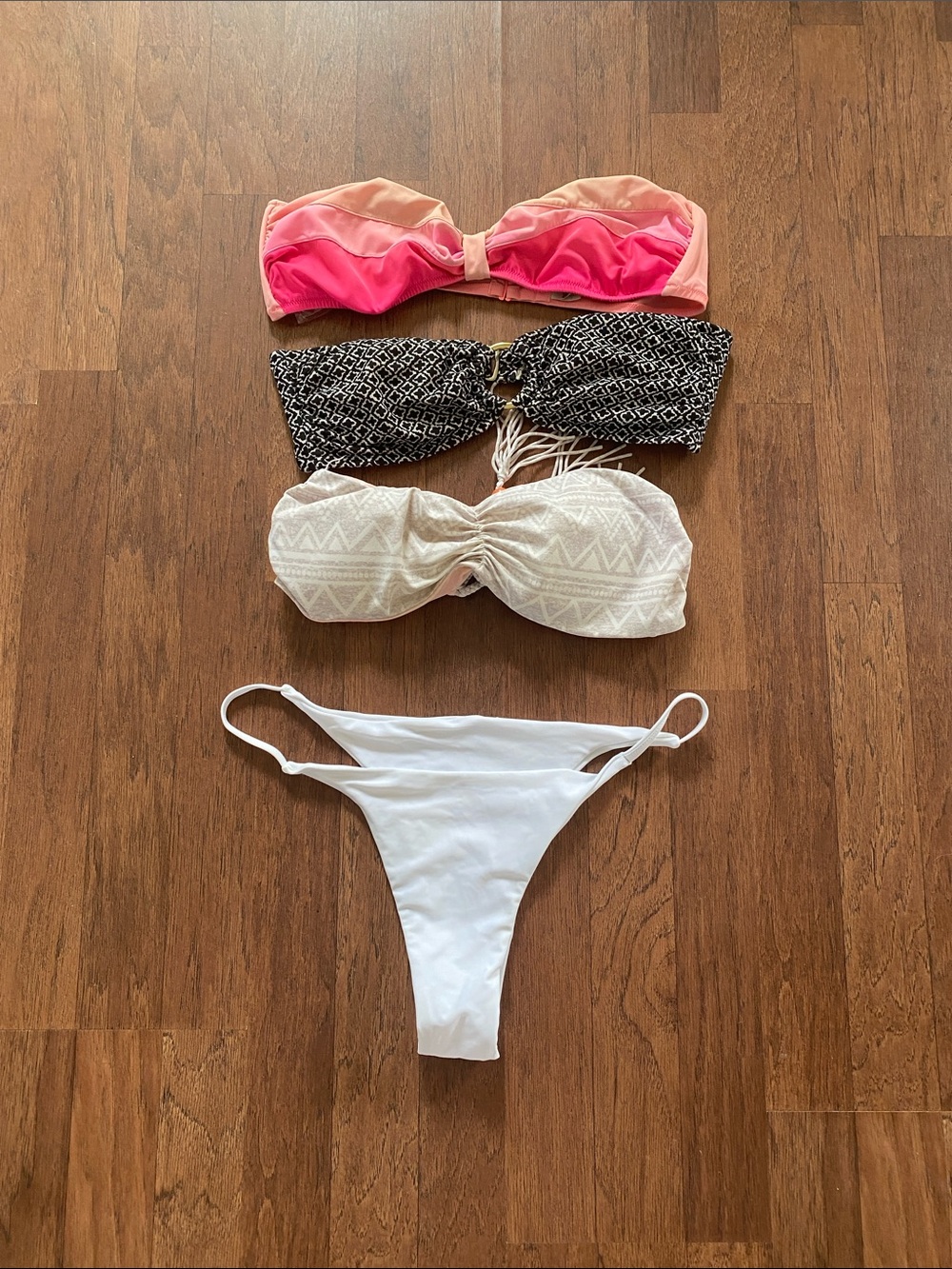 3-Piece Women's Bandeau Bikini Set - Pink, Black & White